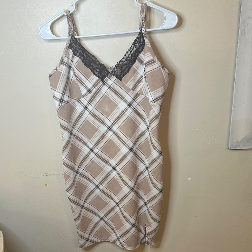 Plaid Lace-Trimmed Slip Dress